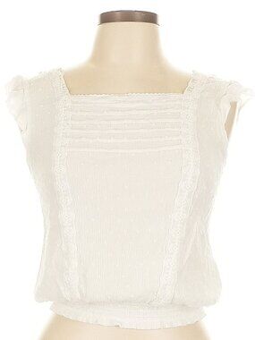 SELF E White Crinkle Swiss Dot Smocked Crop Top L Boho Flutter Sleeve Romantics